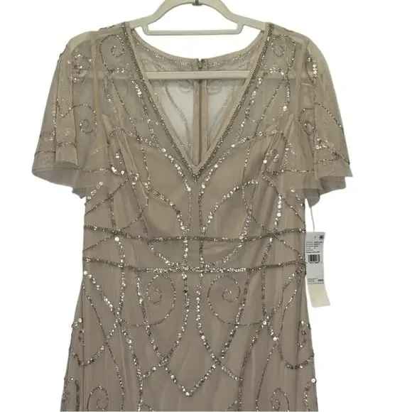 NWT Adrianna Papell Studio Beaded Sequin Long Gown Dress Biscotti Sz 12